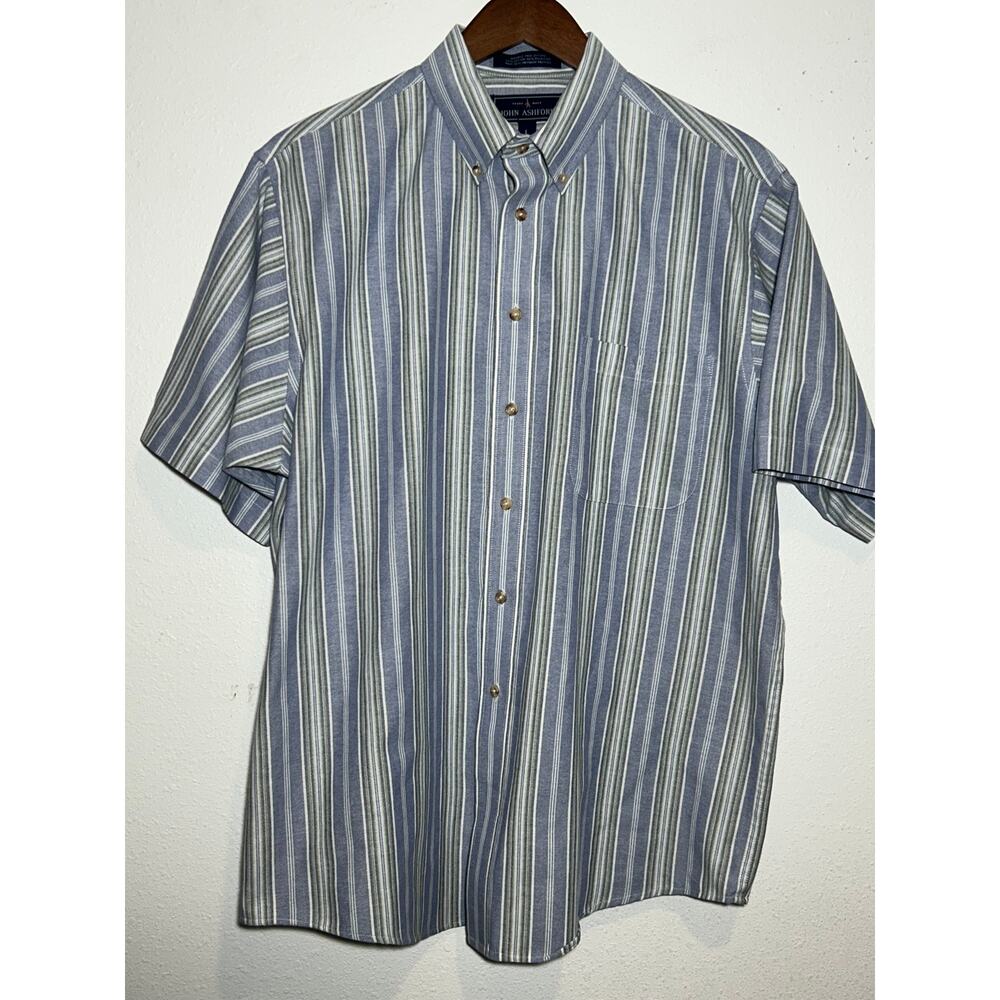John Ashford Men's Green/Blue/White Short Sleeve Button Down Shirt Size L